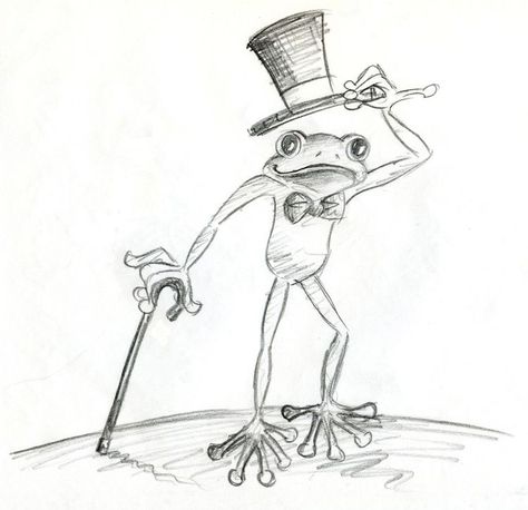 Frog With Top Hat Drawing, Fancy Frog Drawing, Frog Standing Up Drawing, Dancing Frog Drawing, Frogs Sketch, Drawn Frogs, Frog Drawing Sketches, Frog Sketches, Frog With Hat