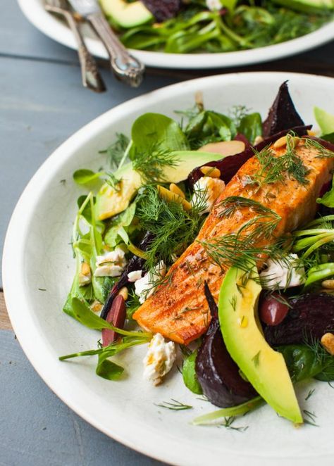 Warm salmon + spinach salad with beets + avocado || Simple Bites Bright Meals, Salmon Spinach Salad Recipes, Feta And Olives, Salad With Salmon, Salmon Spinach, Spinach Salad Recipes, Pan Seared Salmon, Spring Salad, Salmon Salad