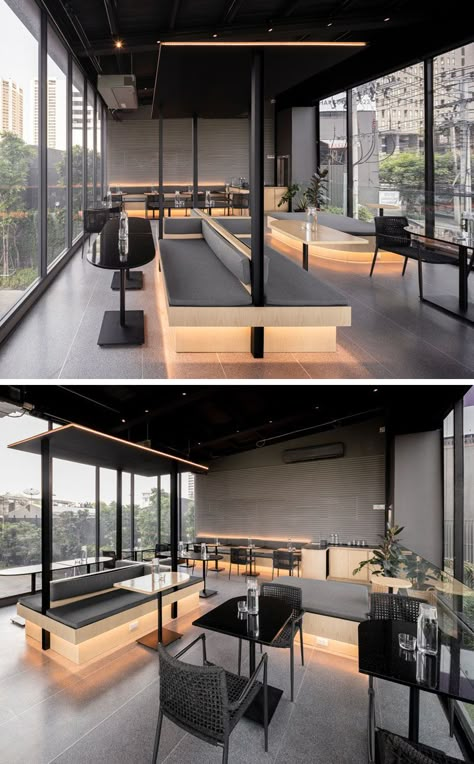 A Material Palette Of Warm Woods And Grey Elements Has Been Used To Create This Contemporary Coffee Shop Interior Black And Wood Interior Design, Black Modern Interior, Coffee Shop Seating, Contemporary Cafe, Cafe Bar Interior, Coffee Shop Lighting, Black Restaurant, Wood Cafe, Modern Coffee Shop