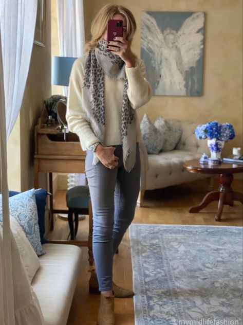 Biker Boots Outfit, Boots Ootd, J Crew Boots, Midlife Fashion, Zara Shop, Oversized White Shirt, Statement Scarf, White Jumper, Faux Leather Biker Jacket