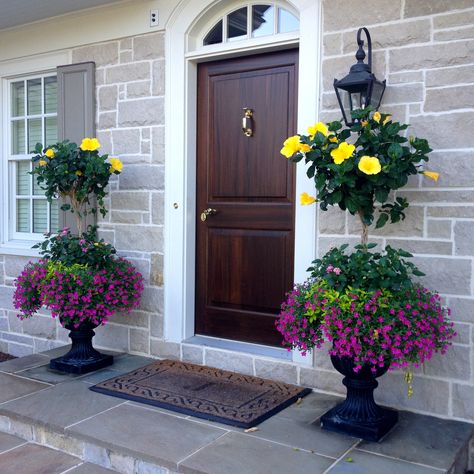 Hibiscus planters                                                       … Front Porch Planter Ideas, Porch Planter Ideas, Porch Planter, Front Door Planters, Front Porch Flowers, Front Porch Planters, Summer Planter, Door Planter, Best Front Doors