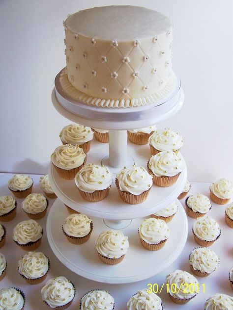 50Th Anniversary Cupcake Tower I made this 6 inch buttercream cake and six dozen cupcakes (chocolate, vanilla and carrot cake) for a friend... Anniversary Cupcake Ideas, 50th Anniversary Cupcakes, Anniversary Food, Anniversary Dessert, Dozen Cupcakes, Anniversary Cupcakes, 50th Wedding Anniversary Cakes, 50th Anniversary Cakes, Cake Tower