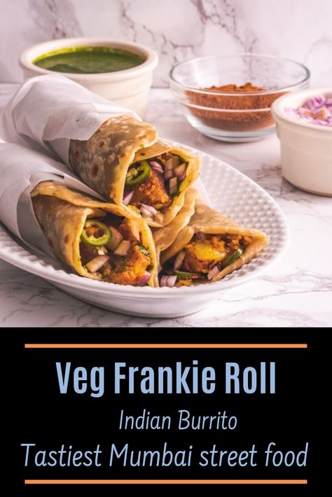 This veg frankie recipe is one of the most loved Indian street food! Whole wheat roti or chapati is layered with spiced mashed potato rolls, green chutney, chopped onions, pickled green chilies and frankie masala. This easy Indian frankie roll is one of the TASTIEST ways to enjoy Bombay (mumbai) street food. My non-Indian friends would call it ‘Indian burrito’ or ‘Bombay burrito’. Learn how to make frankie at home with the step by step photos below. #indianfood #frankie #vegetarian #streetfood Bombay Burrito, Indian Burrito, Mashed Potato Rolls, Veg Frankie Recipe, Veg Frankie, Frankie Recipe, Potato Food, Eggless Cookie, Ayurvedic Tea