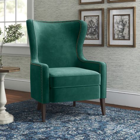 Everly Quinn Comeau Upholstered Wingback Chair & Reviews | Wayfair Emerald Green Accent Chair Living Room, Chair Styling, Velvet Wingback Chair, Wingback Accent Chair, Green Wing, Cozy Spot, Stylish Chairs, Navy Velvet, Tiny Bedroom