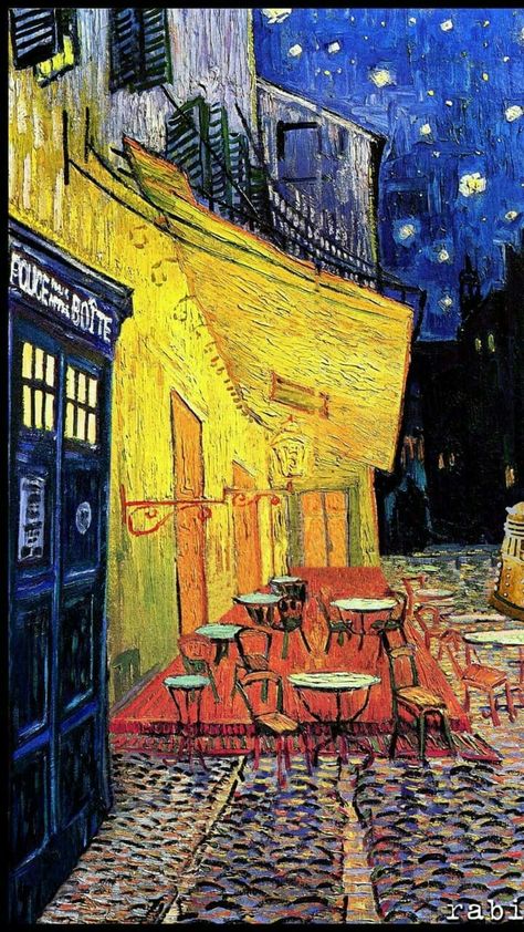 Van Gogh Paintings Wallpaper Aesthetic, Tardis Van Gogh, Tardis Wallpaper, Tardis Starry Night, Van Gogh Cafe, Cafe Terrace At Night, Van Gogh Wallpaper, Doctor Who Wallpaper, Terrace At Night