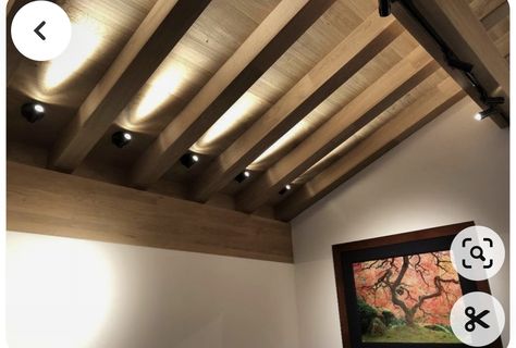 Low Beam Ceiling, Wood Beam Ceiling Lighting, Open Ceiling Lighting, Barn Beam Lighting, Barbeque Design, Exposed Wood Ceilings, Exposed Beams Ceiling, Vaulted Ceiling Living Room, Attic Lighting