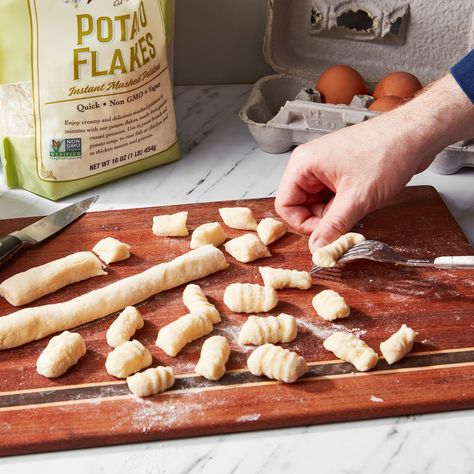 How to Use Potato Flakes in the Kitchen | Epicurious Gnocchi Recipes Homemade, Flake Recipes, Yummy Pasta, Ricotta Gnocchi, Instant Potatoes, Instant Mashed Potatoes, Gnocchi Recipe, Sweet Potato Gnocchi, Homemade Foods