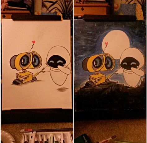 Acrylic painting of wall-e and eve, made this for my boyfriend :) Walle And Eve Painting Easy, Wall E And Eve Painting, Wall-e Painting, Walle And Eva, Wall E And Eve, Abstract Art Painting Diy, Wall E, Neon Art, Diy Art Painting