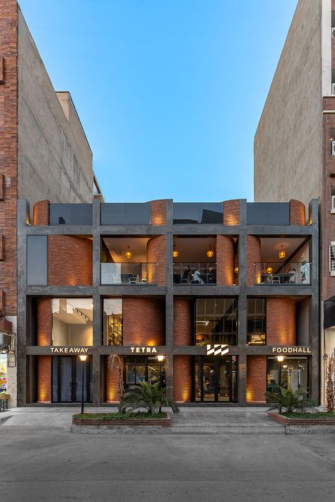 Street Retail Architecture, Row Of Buildings, Contemporary Commercial Building Facade, Bakery Architecture Design, Facade Design Restaurant, Modern Restaurant Facade, Commercial Office Design Exterior, Restaurant Architecture Exterior, G+2 Commercial Building Elevation