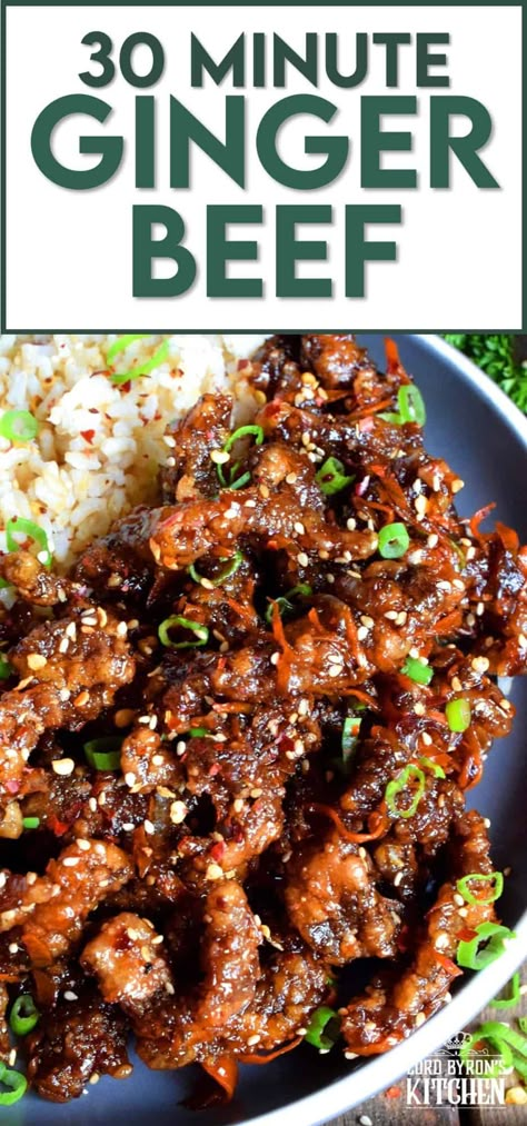 Thinly sliced beef, fried until crispy, and coated in a sweet and slightly spicy garlic and ginger sauce; 30 Minute Ginger Beef is an inexpensive dinner the whole family will love! #ginger #beef #takeout #homemade #garlic #fried #crispy Chinese Beef Recipes, Ginger Beef, Inexpensive Dinners, Garlic And Ginger, Asian Beef, Mongolian Beef, Ginger Sauce, Easy Chinese Recipes, Fried Beef