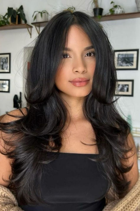 Long face-framing haircut Volume Haircut, Butterfly Haircuts, Black Hair Wigs, Wispy Hair, Straight Layered Hair, Straight Hair Cuts, Hairstyle Tutorials, Long Layered Haircuts, Bridal Hairstyle