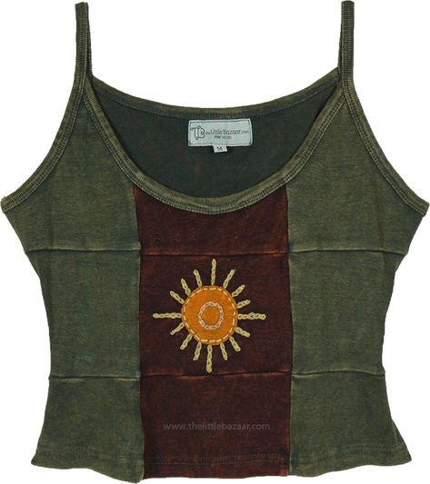 A short cropped tank top in stonewashed ribbed cotton with shades of green and brown and an orange sun hand embroidery in the center.  The cropped tank is an artistic and harmonious clothing with an outstanding overall look. #tlb #CelestialCosmic #Sleeveless #Stonewash #Embroidered #vacationclothing #bohemianfashion #Handmade #JuniorPetite #bohotanktop #summerhippietanktop Angel Olsen, Hippie Tank Tops, Buy My Clothes, Dirty Hippie, Silly Clothes, Grunge Clothes, Boho Tank Top, Hippie Look, Bohemian Handmade