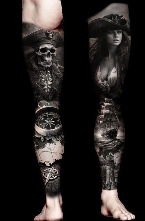 Full Leg Tattoo Design, Pirate Tattoo Sleeve, Norwegian Tattoo, Nautical Sleeve, Nautical Tattoo Sleeve, Viking Warrior Tattoos, Tattoo Pierna, Evil Skull Tattoo, Mayan Tattoos