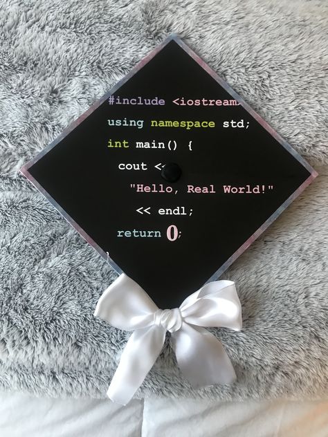 Computer Science graduation cap. “Hello, Real World!” Computer Science Wallpaper Technology, Computer Science Graduation Cap, Science Grad Cap, Computer Science Wallpaper, Computer Science Graduation, Computer Science Funny, Science Graduation Cap, Computer Science Quotes, Computer Science Projects