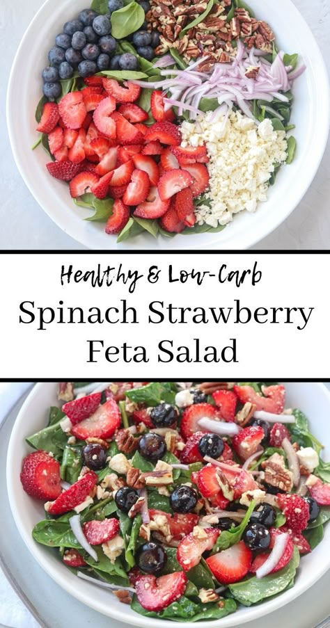 two stacked photos of strawberry spinach salad before and after mixing with title on white background between the 2 photos saying "Healthy & Low-Carb Spinach Strawberry Feta Salad" Summer Salad Recipes Healthy, Spinach Feta Salad, Salad Recipes Healthy, Strawberry Feta, Salad Summer, Salad Recipes Healthy Easy, Avocado Chicken, Strawberry Spinach, Spinach Feta