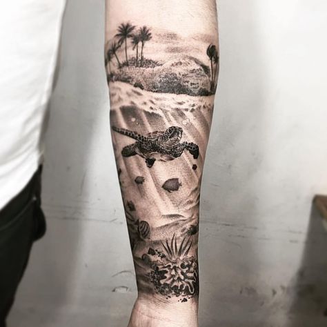 Beach Realism Tattoo, Quad Sleeve Tattoo, Underwater Leg Tattoo, Women Nautical Tattoo, Seascape Tattoo Sleeve, Ocean Calf Tattoo, Underwater Leg Sleeve Tattoo, Coastal Tattoos Men, Under Ocean Tattoo