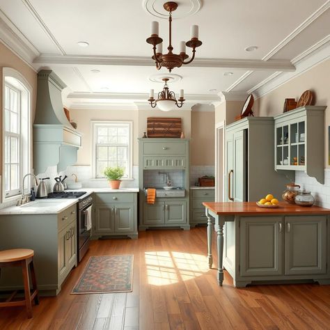 Create a luxurious Victorian parlor-inspired kitchen with ornate glass-front cabinets and intricate crown molding. #VictorianParlor #ElegantKitchen 🕰️ Victorian Kitchen Colour Schemes, Traditional Victorian Kitchen, Kitchens With Crown Molding, Victorian Cabinets Kitchen, Updated Victorian Kitchen, Victorian Kitchen Sink, Ornate Kitchen Cabinets, Victorian Kitchen Aesthetic, Victorian Home Kitchen