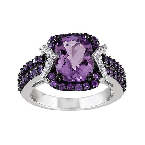 Genuine Amethyst and 1/10 CT. T.W. Diamond Sterling Silver Ring Sterling Silver Halo Ring, Silver Halo Ring, Amethyst And Diamond Ring, Purple Jewelry, Amethyst Jewelry, Art Deco Ring, Diamond Fashion, Halo Ring, Amethyst Ring