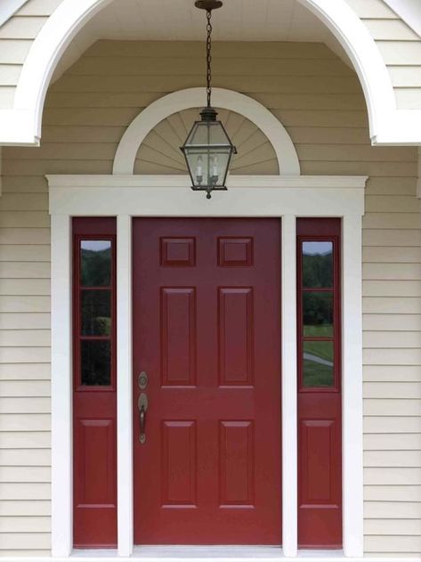 Behr's Morocco Red paint for front door; love the almond color for house siding with white/vanilla trim Tan House, Shutter Colors, Best Front Doors, Red Front Door, Front Door Paint Colors, Door Colors, Door Paint Colors, Pintura Exterior, Painted Front Doors