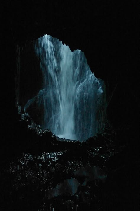 Cave Behind Waterfall Art, Dragon Cave Aesthetic, Cave Waterfall Art, Waterfall At Night Aesthetic, Underground Cave Aesthetic, Dark Waterfall Aesthetic, Caves Aesthetics, Cave Aesthetic Dark, Water Dragon Aesthetic