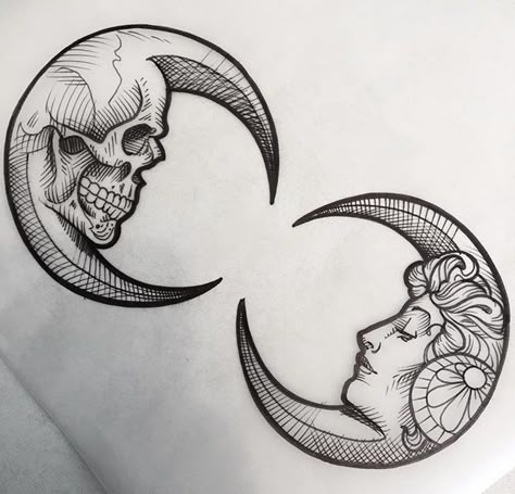 Luna skull Moon Sketch Tattoo, Duality Tattoo Ideas, Kunst Tattoos, Tattoo Zeichnungen, Śliczne Tatuaże, Arm Tattoos, Skull Tattoos, Trendy Tattoos, Tattoo Design Drawings