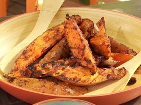 Get Grilled Sweet Potato Wedges Recipe from Food Network Grilled Sweet Potato Fries, Potatoe Wedges, Potato Oven, Bobby Flay Recipes, Oven Fries, Garlic Dressing, Potato Wedges Recipe, Grilled Sweet Potatoes, Wedges Recipe