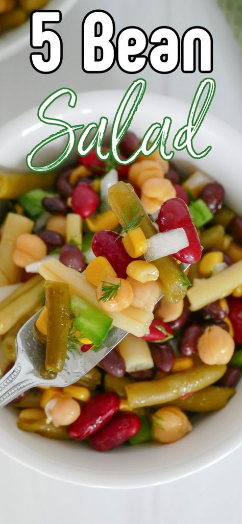 This 5 Bean Salad is packed with delicious flavor from fresh dill, onion, a tangy and sweet vinegar sauce and the different canned beans. A potluck, picnic and barbecue favorite! 5 Bean Salad Recipe, 5 Bean Salad, Five Bean Salad, Green Salad Dressing, Vinegar Sauce, Bean Salad Recipe, 30 Minute Meals Easy, Bean Salad Recipes, Canned Beans