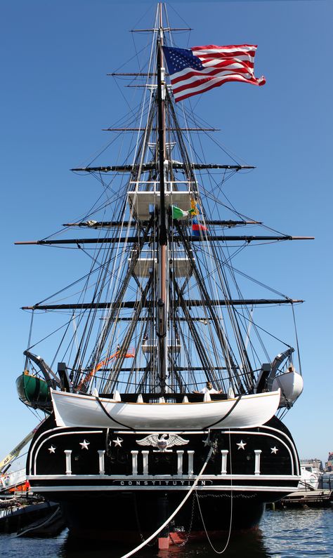 USS Constitution, the world's oldest commissioned warship afloat.  Originally launched October 21, 1797, the USS Constitution was built at a time when wooden ships had a service life of ten to fifteen years; however, when the Navy made known plans to scrap her, public outcry saved "Old Ironsides," as she was affectionately called. Now serving as a museum, she takes one "cruise" yearly for demonstrations and to dock her on the opposite side to maintain even weathering. 2011 Uss Constitution, Old Sailing Ships, Ship Of The Line, Clipper Ship, Merchant Marine, Tall Ship, Sailing Vessel, Wooden Ship, October 21