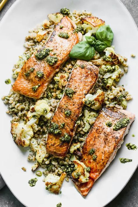 Salmon And Cauliflower Recipes, Salmon And Cauliflower, Salmon Cauliflower, Salmon With Pesto, Valentine's Day Food, Crispy Salmon, Salmon Filets, 5 Ingredient Dinners, For Keeps