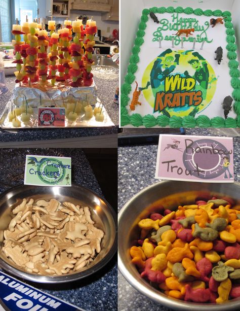 Food items & Kratts inspired names for them with table homemade table cards Wild Kratts Birthday Party, Wild Kratts Party, Homemade Table, 5th Birthday Ideas, Wild Kratts, Homemade Tables, 6th Birthday Party, Birthday Party Food, 6th Birthday Parties