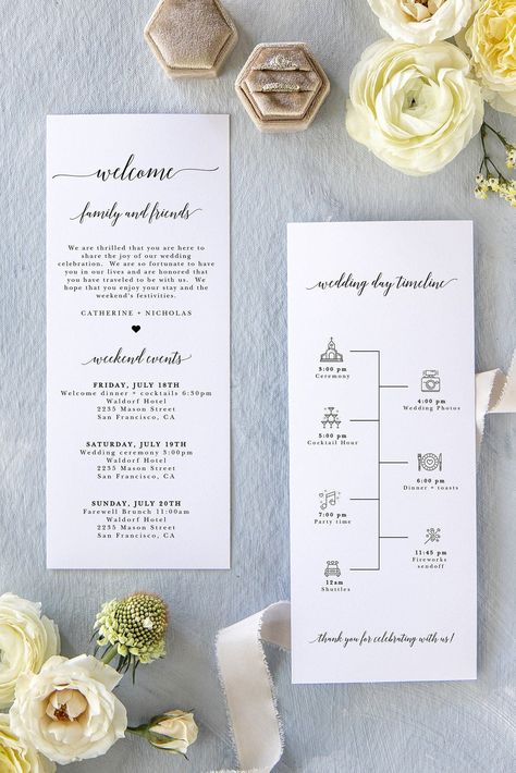 Modern Wedding Timeline Template With Icons, Weekend Events Template, Editable Welcome Letter, INSTANT DOWNLOAD, Averly Paperie on ETSY  #etsyshop #weddingprogram #weddingtimeline #weddingdayevents #weekendevents Wedding Agenda, Wedding Timeline Template, Timeline Template, Wedding Schedule, Welcome Bag, Event Template, Welcome Letters, Wedding Day Timeline, Wedding Timeline