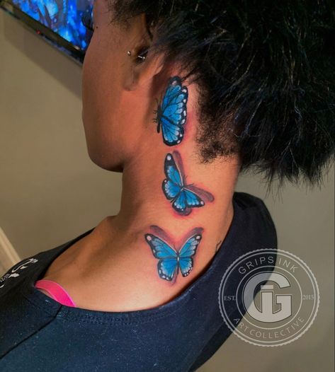 Blue Butterfly Neck Tattoo, Colored Neck Tattoo, Colorful Neck Tattoo, Tattoos Baddie, Flower Neck Tattoo, Baddie Tattoos, Butterfly Neck Tattoo, Colorful Butterfly Tattoo, Blue Butterfly Tattoo