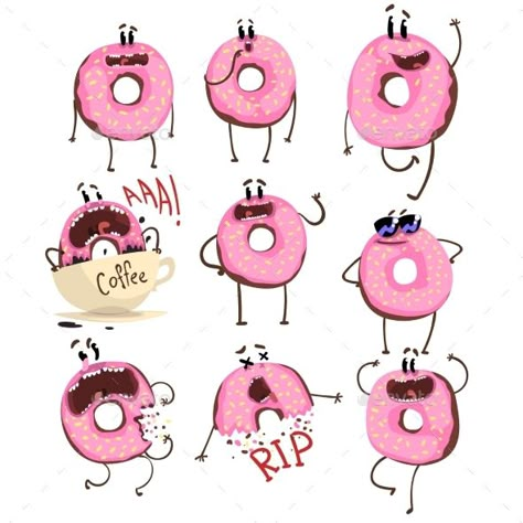 Funny pink donut cartoon character set, cute doughnut with different emotions vector Illustrations on a white background Donut Character Design, Donut Illustration Cute, Bagel Cartoon, Bakery Character, Bakery Mural, Doughnut Cartoon, Doughnut Illustration, Bunny Donut, Donut Character