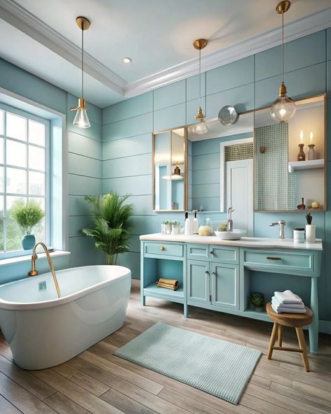 Modern bathroom ideas with soft blue colors #softblue #softcolors #bathroom #washroom #bathroomdesign #bathroomdecor Blue Wood Bathroom, Light Blue Bathroom, Wood Floor Bathroom, Tampa Homes, Bathroom Blue, Modern Bathroom Ideas, New House Bathroom, Bedroom Blue, Coastal Bathroom