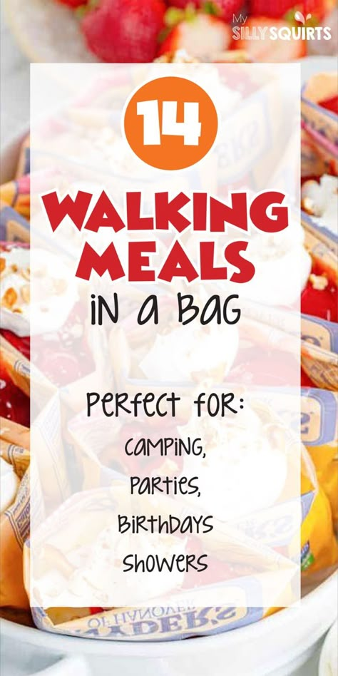 Ideas for walking meals in a bag Walking Desserts, Meal In A Bag, Meals In A Bag, Birthday Party Meals, Bag Meals, Walking Tacos Recipe, Taco In A Bag, Concession Stand Food, 5 Ingredient Meals