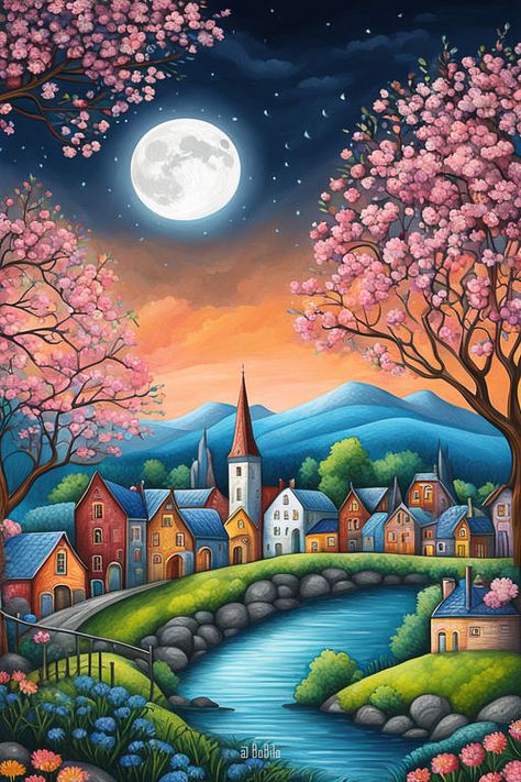 Enchanting Spring Landscapes of Whimsical Cities My Dream World Drawing, Magical City Art, My Dream City Drawing, Magical Garden Painting, Dream World Drawing, Whimsical Environment Art, Whimsical Village Art, Fairy Tale Village Illustration, Spring Landscapes