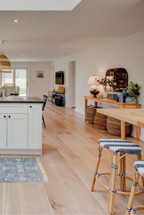 Character Rift & Quarter Sawn White Oak Flooring in 10″ widths creates a comfortable scene for this open-concept cottage on Martha’s Vineyard. Waterbury’s two-tonal low sheen brings warm, rich hues with subtle white accents, adding a touch of elegance and warmth. 🌿✨  📸 Joe Kravetz  #vermontplankflooring #homedesign #homedecor #flooringideas #interiorinspiration #interiordesign #flooring #hardwood #woodwork #handcrafted #handmade #whiteoak #characterwhiteoak White Oak Hardwood Floors Wide Plank, White Oak Character Grade Floors, 5 Inch White Oak Hardwood Floors, Rift And Quarter Sawn White Oak Floors, Engineered Hardwood Flooring Wide Plank White Oak, Maple Floors, Wood Floor Kitchen, White Oak Hardwood Floors, Quarter Sawn White Oak