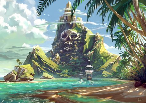 Pirate Bay Concept Art, Dnd Island Art, Pirate Landscape, Pirates Concept Art, Fantasy Pirate Art, Island Fantasy Art, Concept Art Ideas, Island Concept Art, Island Cartoon