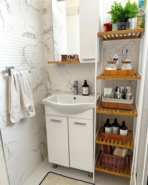 Home with rue on Instagram: "Which one do you like the most? 1-6? via @mutlubi_blog" Bamboo Shelves, Small Bathroom Organization Ideas, Bathroom Setup, Bathroom Organization Ideas, Bathroom Storage Hacks, Maximize Small Space, Small Bathroom Organization, Bamboo Shelf, Have A Lovely Weekend