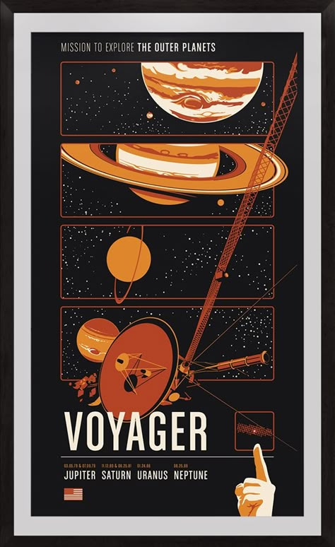 Voyager 2 holds the record for most celestial bodies observed in a single mission having flown by four planetary systems. Then of course Voyager 1 also became the first man-made interstellar object with Voyager 2 expected to do the same in 2016. #Posters by #Chopshopstore Voyager 1 Wallpaper, Space Exploration Poster, Nasa Posters, Nasa Illustration, Celestial Poster, Retro Space Posters, Celestial Chart, Vintage Space Poster, Space Posters