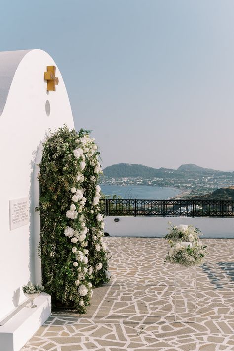 Elegant Chic Wedding Style. Ceremony: St. Sophia Chapel. Reception: Kallithea Springs. Rhodes Island Greece. Colors: Silver, White, Beige, Emerald & Olive Green. Greek Destination Wedding Planned by Golden Apple Weddings. Bride & Groom Wedding Portraits. Couple’s Wedding Photoshoot #weddingtheme #weddingdecor #weddingevent #weddingphotography #weddingplanning #destinationweddings #Greece #Rhodes #island #chic #seaview #chapel #church #arch #greenery #white #flowers #lambades #plexiglass #stands Greek Chapel Wedding, Greek Church Wedding, Greece Venue Wedding, Kallithea Springs, Lindos Wedding Greece, Small Wedding Greece, Small Wedding In Greece, Arch Greenery, Elegant Chic Wedding