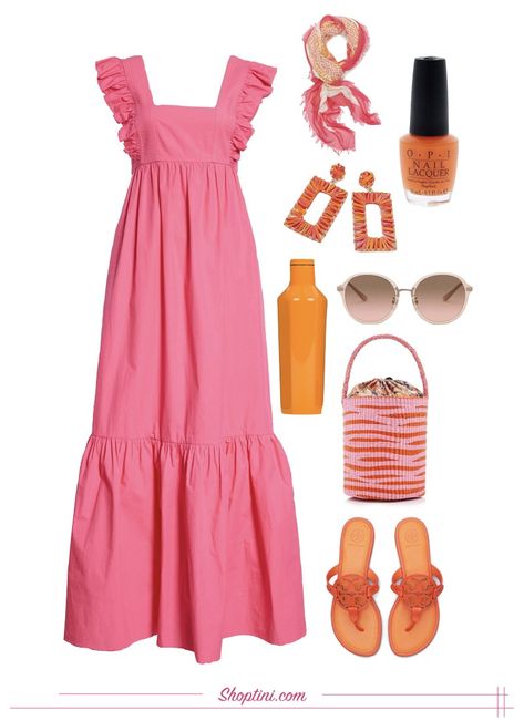 Colorful Put Together Outfit, Long Dress Outfit Casual, Pink Summer Dress Outfit, Orange Pink Outfit, Spring Maxi Dress Outfit, Pink Maxi Dress Outfit, Pink Dress Outfit Casual, Summer Maxi Dress Outfit, Orange Color Combo