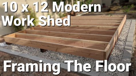 Framing up the floor for a modern work shed.  You'll see how to install the joists to the rim joists, and attach it all to the skids. Diy Shed Base How To Build, Shed Base Ideas Foundation, How To Build A Floor For A Shed, Diy Shed Window Frame, 10x14 Shed, Skid Shed Foundation, Work Shed, Quick Woodworking Projects, 10x12 Shed