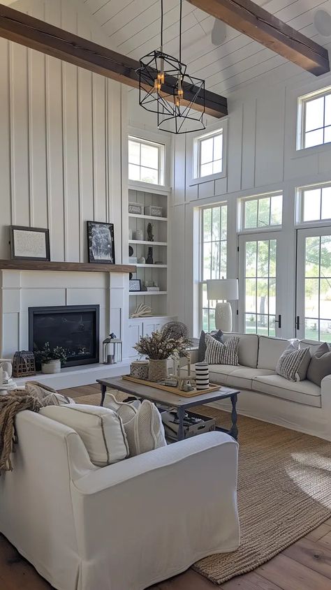 Modern Farmhouse Living Room Makeover: Complete Guide - Decoholic Arhaus Living Room Inspiration, Future Living Room, White Farmhouse Living Room, Farmhouse Living Room Makeover, Arhaus Living Room, Living Room Inspiration Cozy, Media Walls, Modern Farmhouse Living, Barn Style House Plans