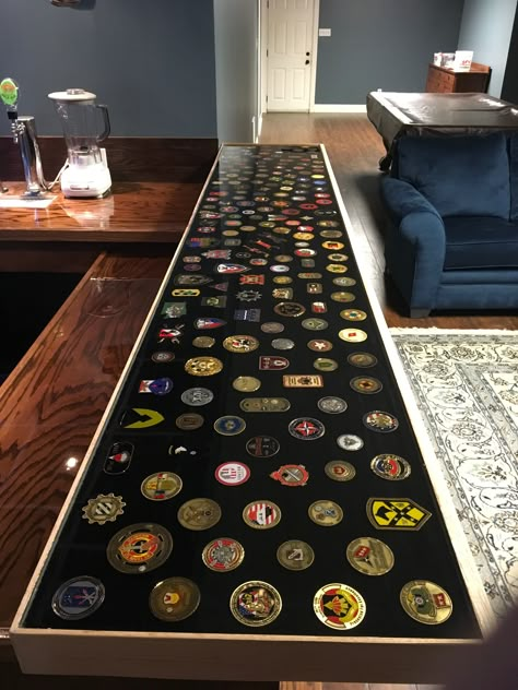 Military Office Decor Ideas, Challenge Coin Display Diy, Epoxy Bar Top Ideas, Military Office Decor, Military Bar, Military Coin Display, Military Home Decor, Military Challenge Coins, Military Coins