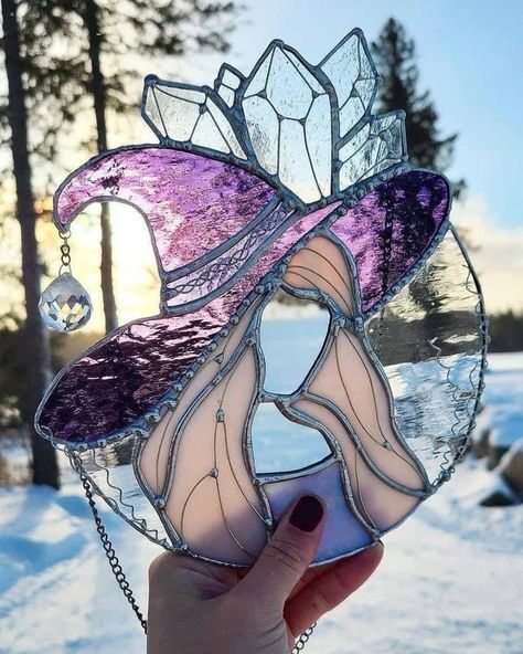 Stained Glass Bevels, Pastel Witch, Stained Glass Sun, Stained Glass Studio, Witchy Home Decor, Stained Glass Butterfly, Stained Glass Decor, Custom Stained Glass, White Witch