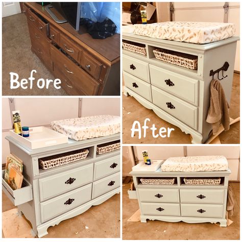 Old Dresser Changing Table, Dresser Turned Into Changing Table, Upcycled Furniture Baby Room, Dresser To Changing Table Diy, Painted Changing Table, Dresser Changing Table Diy, Diy Dresser Changing Table, Dresser Into Changing Table, Diy Nursery Dresser