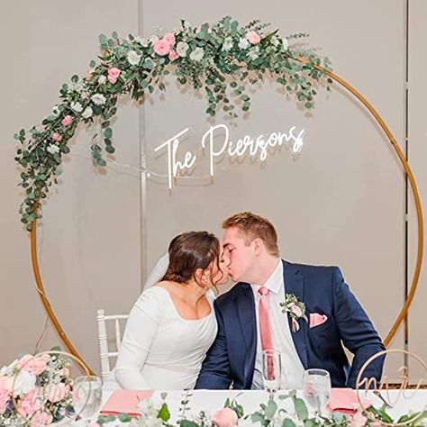 Floral Backdrop With Neon Sign, Arch With Neon Sign Wedding, Circle Arch With Neon Sign, Wedding Arch With Neon Sign, Light Up Name Sign, Last Name Neon Sign, Head Table Backdrop, Arch Light, Table Backdrop