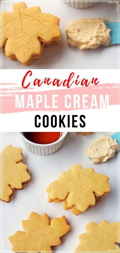 These Maple Cream Cookies are a real Canadian delicacy! My easy recipe uses maple syrup in both the shortbread and the maple cream layer. Try them once and you will never get them storebought again! They really are the best Maple Leaf cookies ever! Make them for Canada Day Canada Day Food, Maple Cookies Recipe, Maple Syrup Cookies, Maple Desserts, Canadian Dessert, Maple Leaf Cookies, Canadian Dishes, Canadian Christmas, Maple Recipes