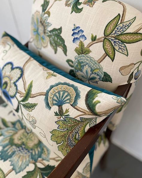 Warwick Fabrics Australia (@warwickfabrics) • Instagram photos and videos  Featuring Warwick Fabrics - Malmsbury Sofa Upholstery Ideas Fabrics Floral, Fabric For Chairs Upholstery, Chair Whimsy, Blue And Green Living Room, Free Home Decor, Cushion Inspiration, Sofa Layout, Green Living Room Decor, Living Room Wall Decoration